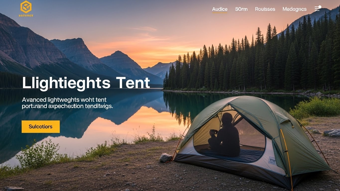 Giao diện website lều du lịch hiển thị sản phẩm lều tr&ecirc;n nền thi&ecirc;n nhi&ecirc;n h&ugrave;ng vĩ. 