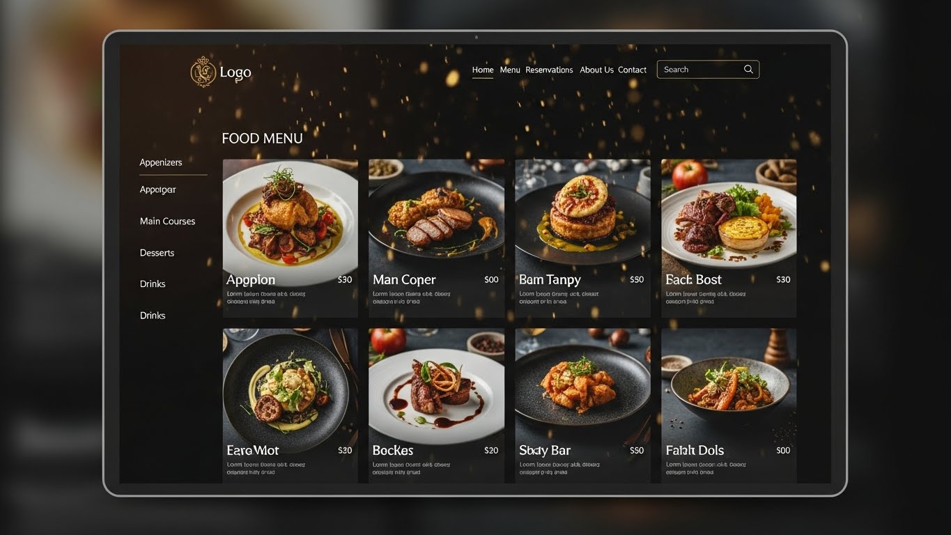 Giao diện website nh&agrave; h&agrave;ng sang trọng, hiển thị menu m&oacute;n ăn hấp dẫn 