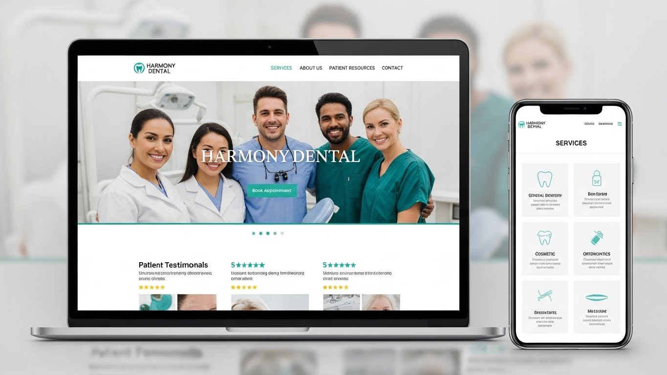 Giao diện website nha khoa chuy&ecirc;n nghiệp hiển thị tr&ecirc;n laptop v&agrave; điện thoại, thể hiện sự chuy&ecirc;n nghiệp v&agrave; uy t&iacute;n 