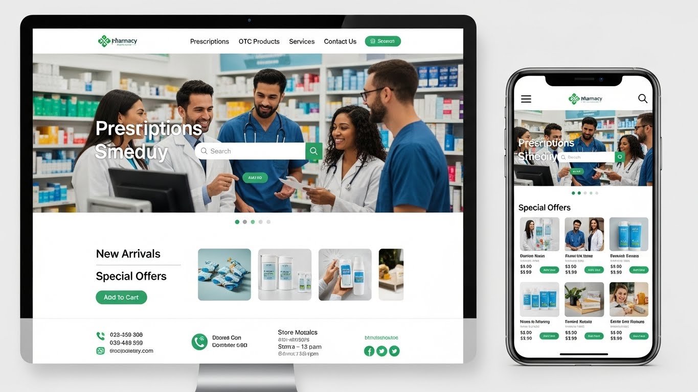 Giao diện website nhà thuốc hiện đại và thân thiện trên máy tính và điện thoại.