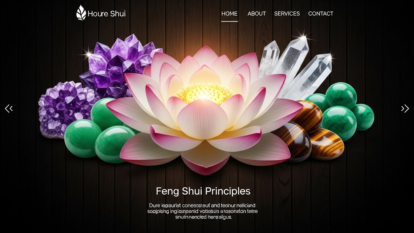 Giao diện website phong thủy với h&igrave;nh ảnh hoa sen v&agrave; đ&aacute; qu&yacute; tr&ecirc;n nền gỗ tối. 