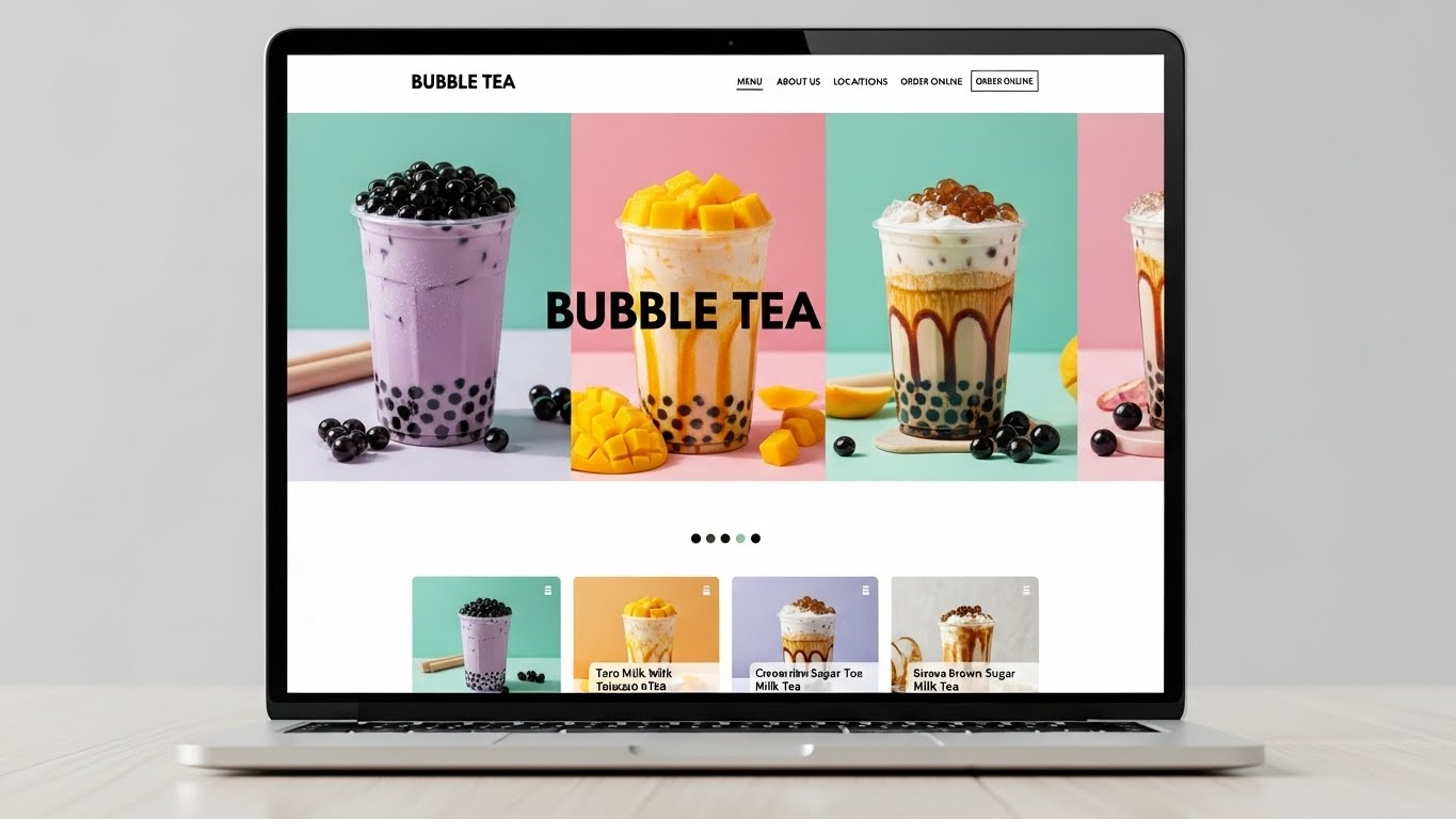 Giao diện website qu&aacute;n tr&agrave; sữa hiện đại với h&igrave;nh ảnh ly tr&agrave; sữa hấp dẫn 