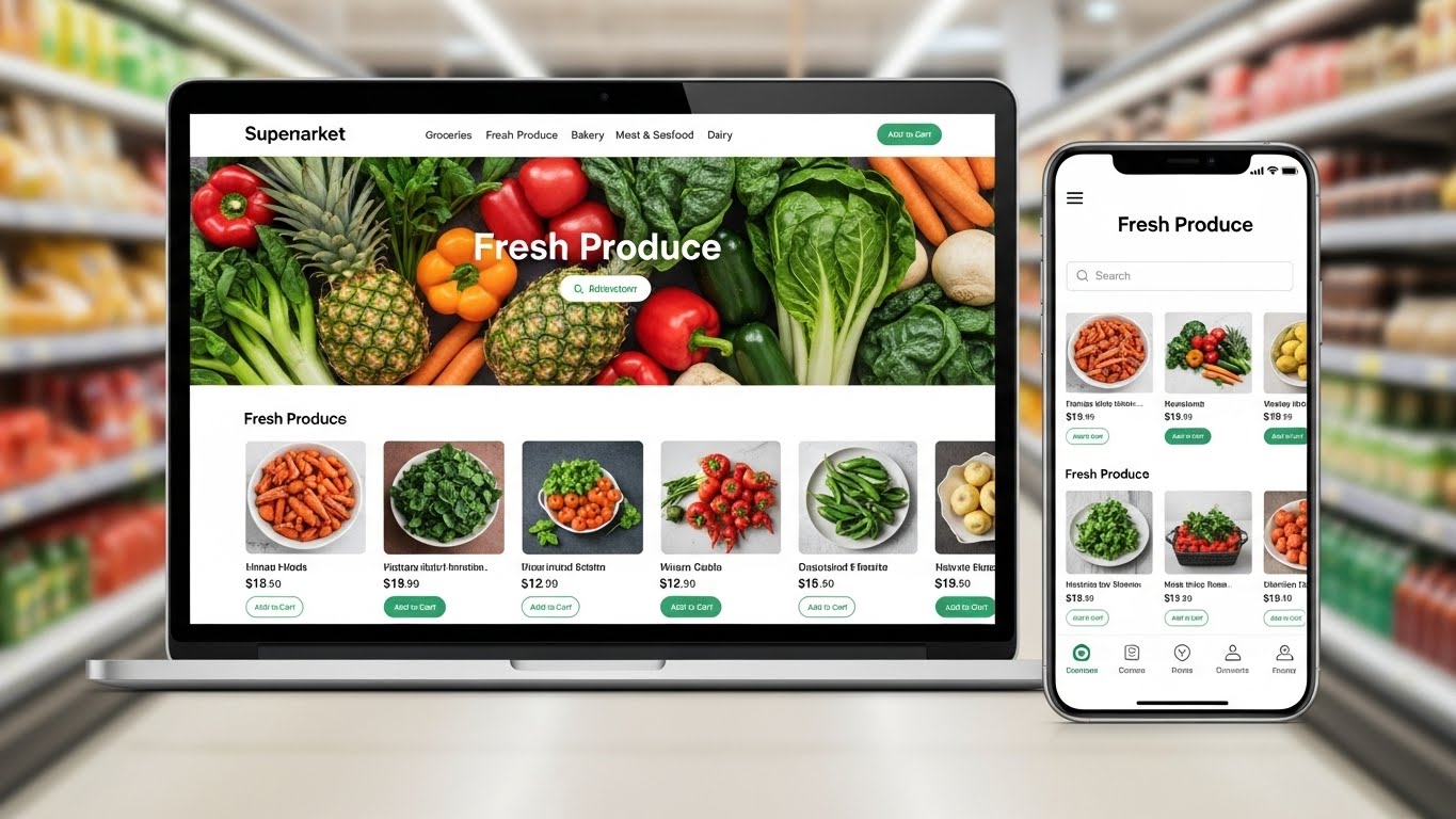 Giao diện website si&ecirc;u thị hiện đại, sạch sẽ tr&ecirc;n laptop v&agrave; điện thoại 