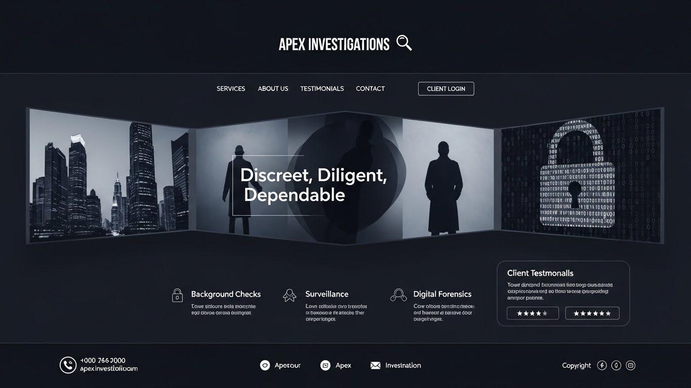 Giao diện website th&aacute;m tử tư chuy&ecirc;n nghiệp, t&ocirc;ng m&agrave;u tối, thể hiện sự bảo mật v&agrave; tin cậy. 