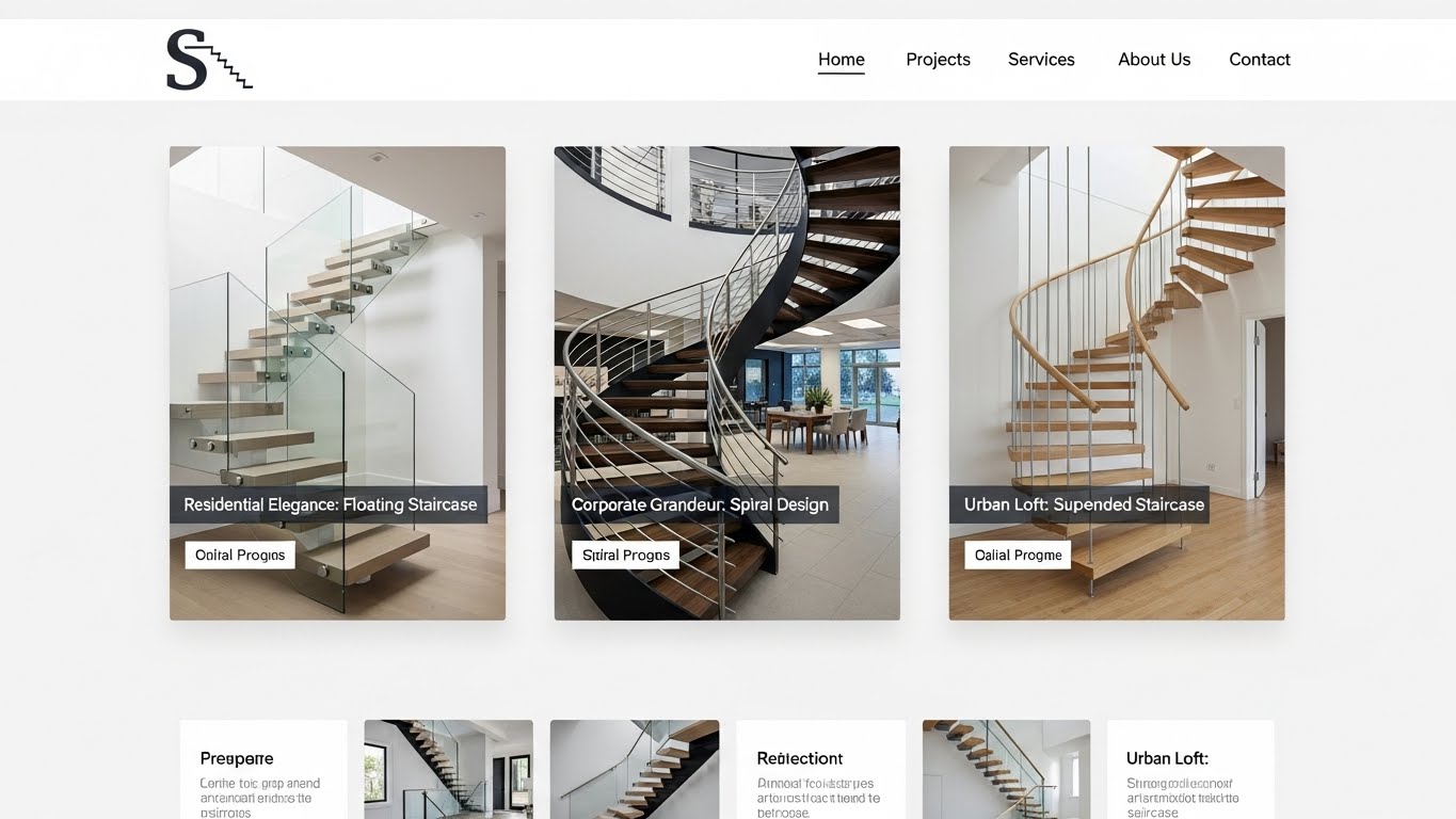 Giao diện website thi c&ocirc;ng cầu thang hiện đại, trưng b&agrave;y dự &aacute;n nổi bật. 