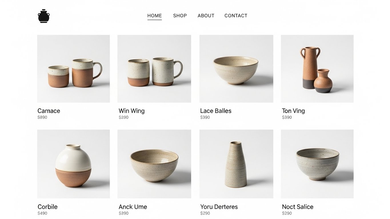 Giao diện website thủ công mỹ nghệ gốm sứ tối giản, làm nổi bật sản phẩm trên nền trắng