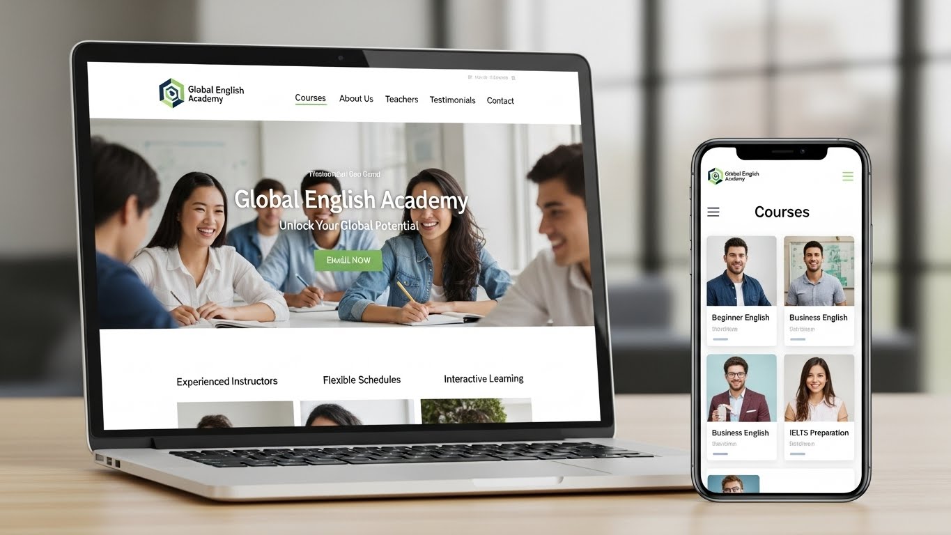 Giao diện website trung t&acirc;m Anh ngữ chuy&ecirc;n nghiệp tr&ecirc;n laptop v&agrave; điện thoại 