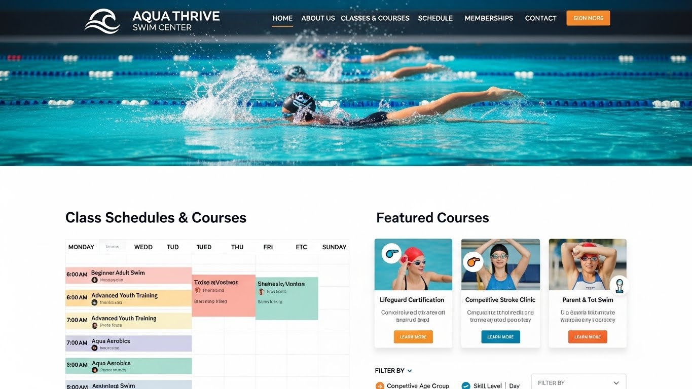 Giao diện website trung t&acirc;m dạy bơi hiển thị lịch học v&agrave; c&aacute;c kh&oacute;a học một c&aacute;ch trực quan, chuy&ecirc;n nghiệp 