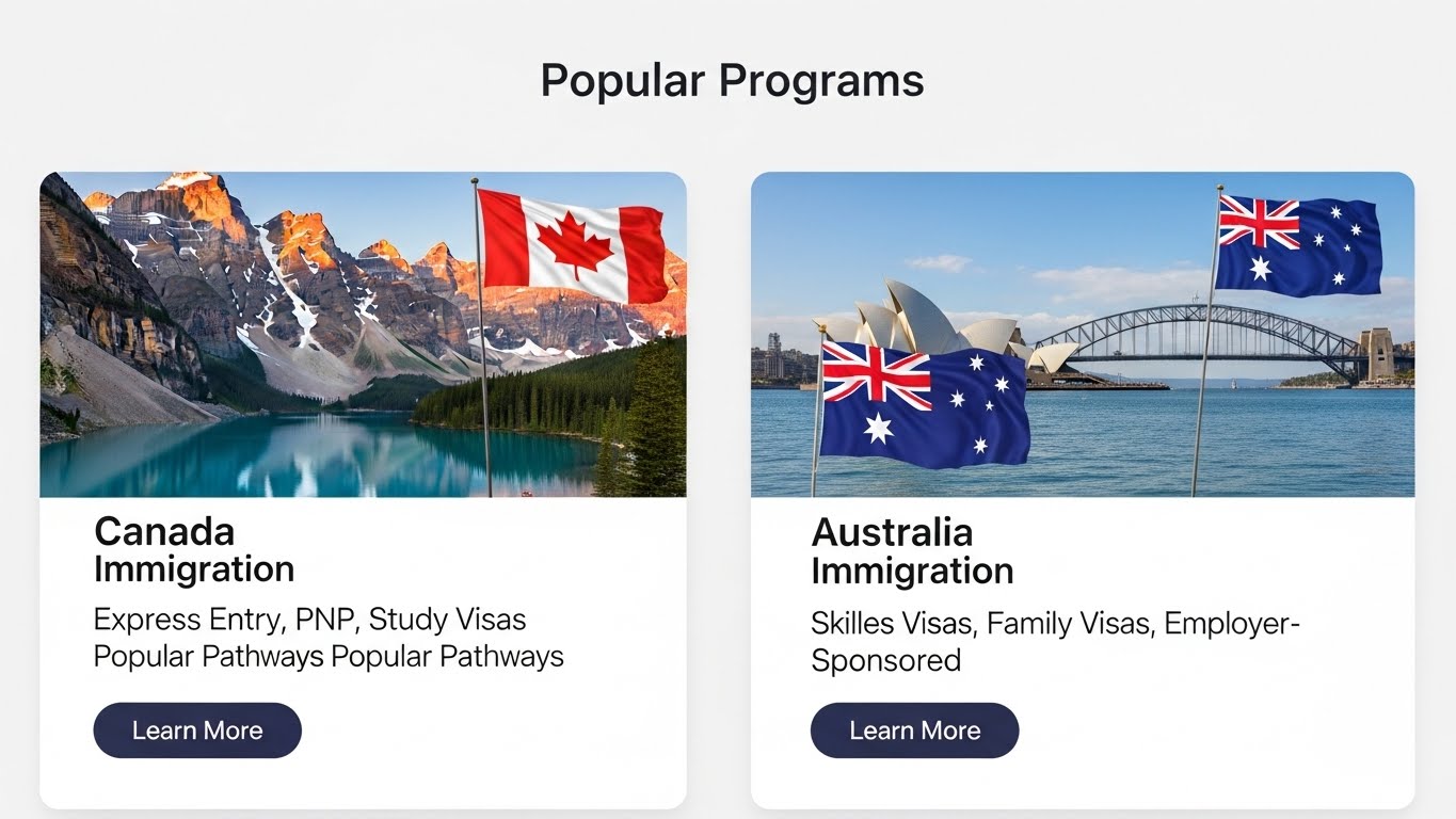 Giao diện website tư vấn định cư chuy&ecirc;n nghiệp hiển thị c&aacute;c chương tr&igrave;nh định cư nổi bật như Canada, &Uacute;c. 