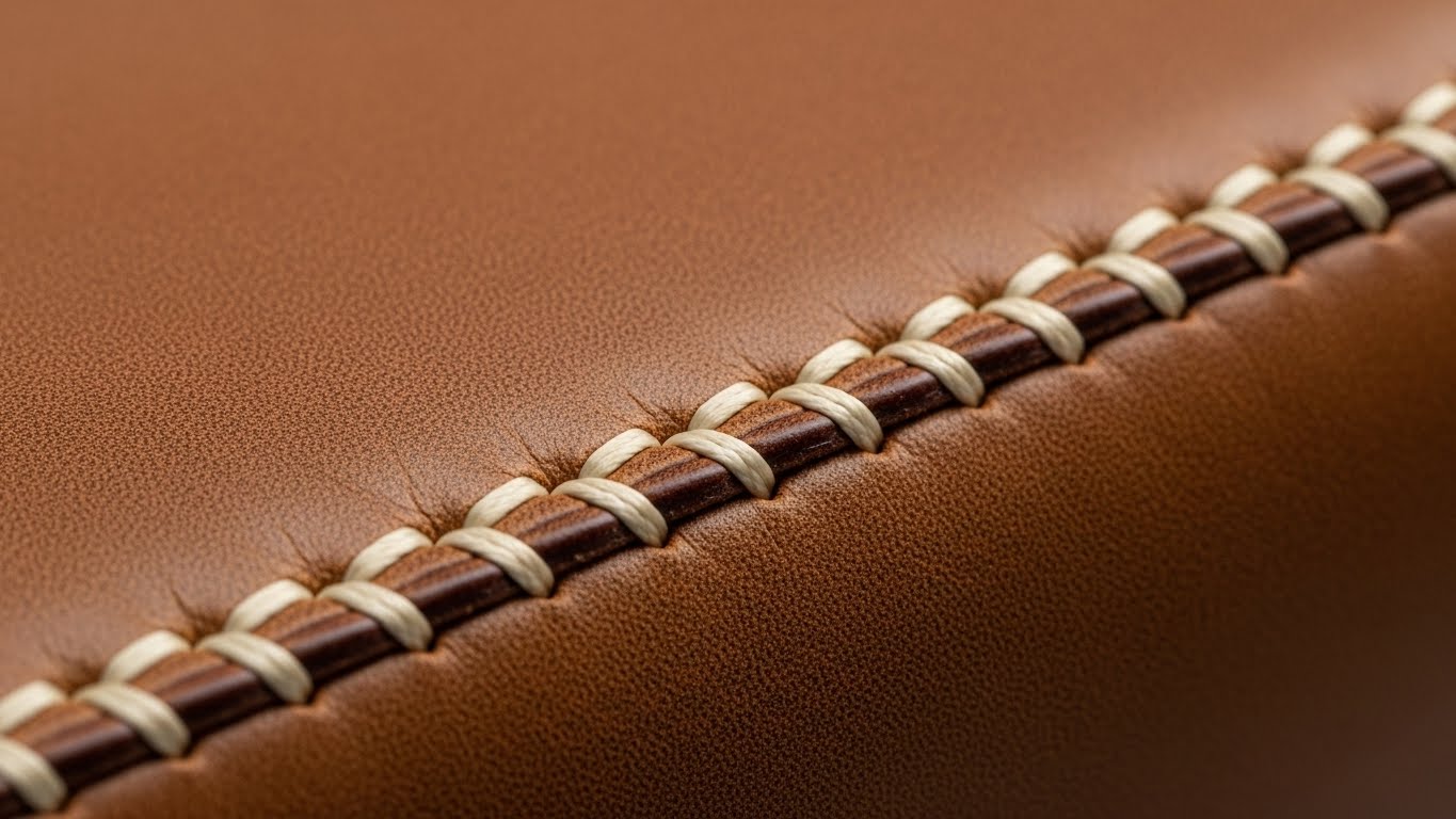 H&igrave;nh ảnh cận cảnh chi tiết đường may của một chiếc t&uacute;i x&aacute;ch da 