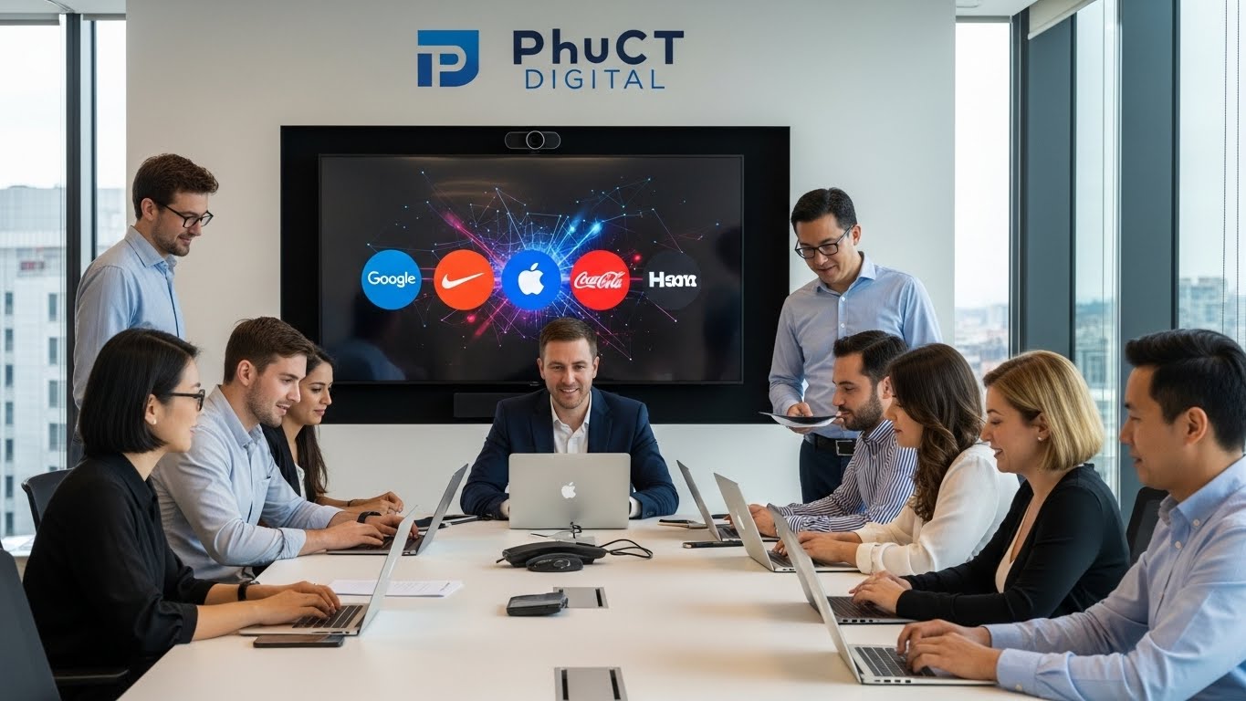 H&igrave;nh ảnh đội ngũ PhucT Digital đang l&agrave;m việc v&agrave; một số logo kh&aacute;ch h&agrave;ng nổi bật 