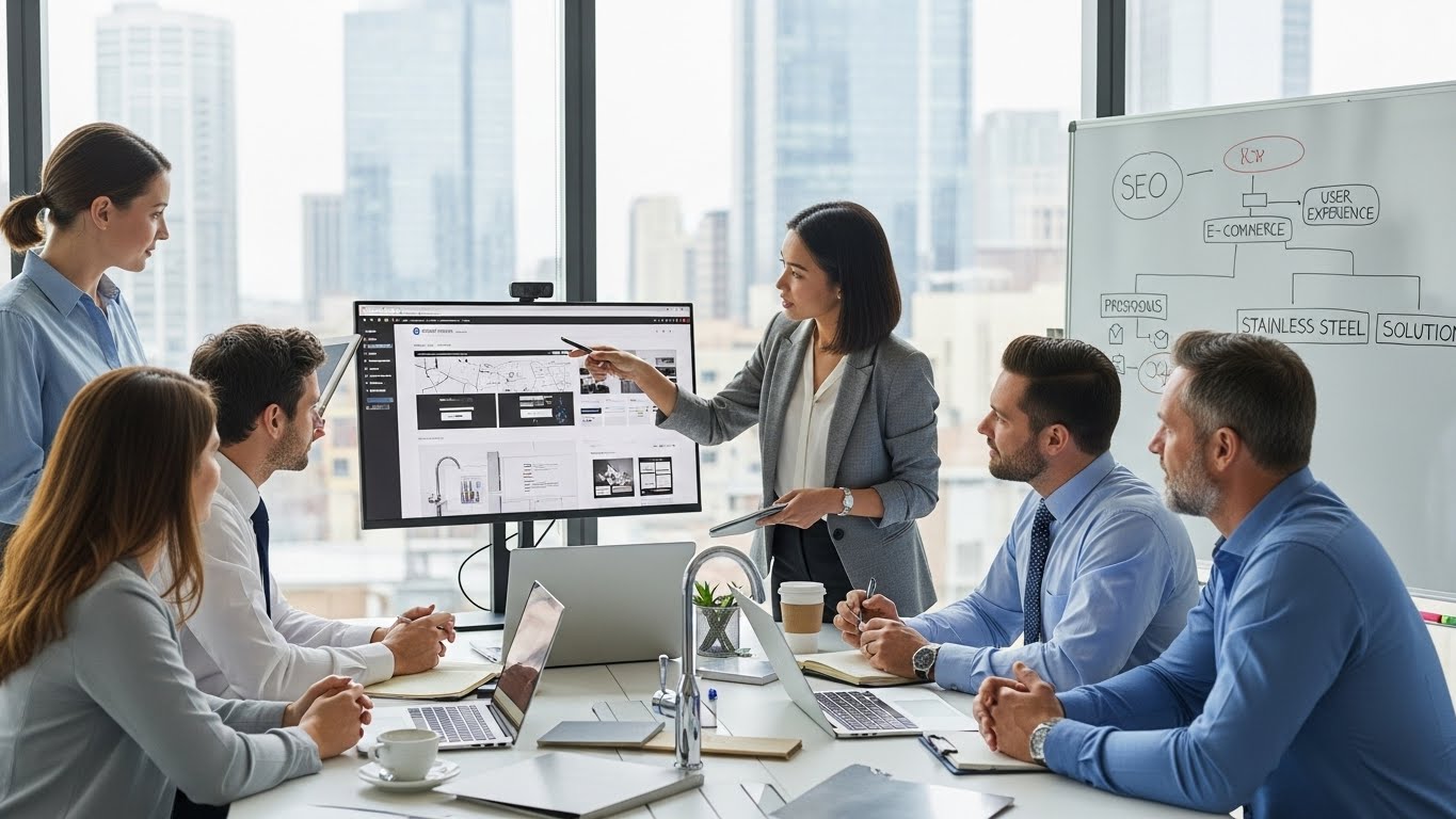 H&igrave;nh ảnh đội ngũ PhucT Digital đang tư vấn chiến lược website cho một doanh nghiệp sản xuất inox. 