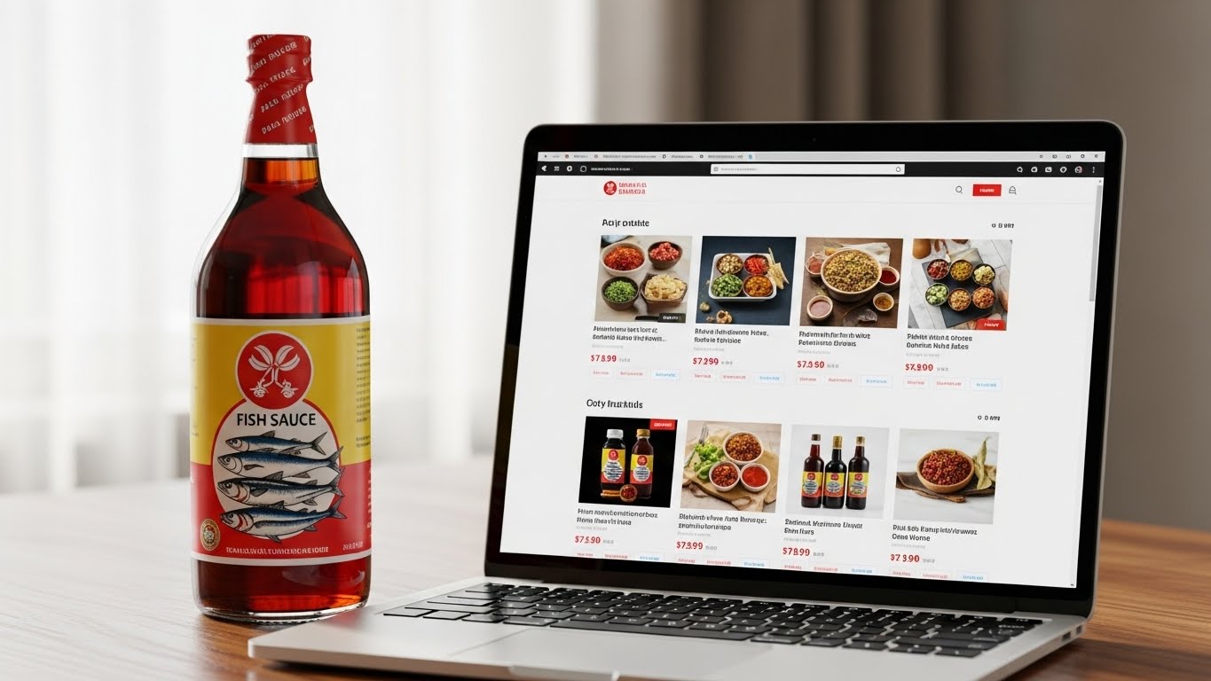 H&igrave;nh ảnh một chai nước mắm truyền thống đặt cạnh một chiếc laptop đang mở website b&aacute;n h&agrave;ng, thể hiện sự kết hợp giữa truyền thống v&agrave; hiện đại. 
