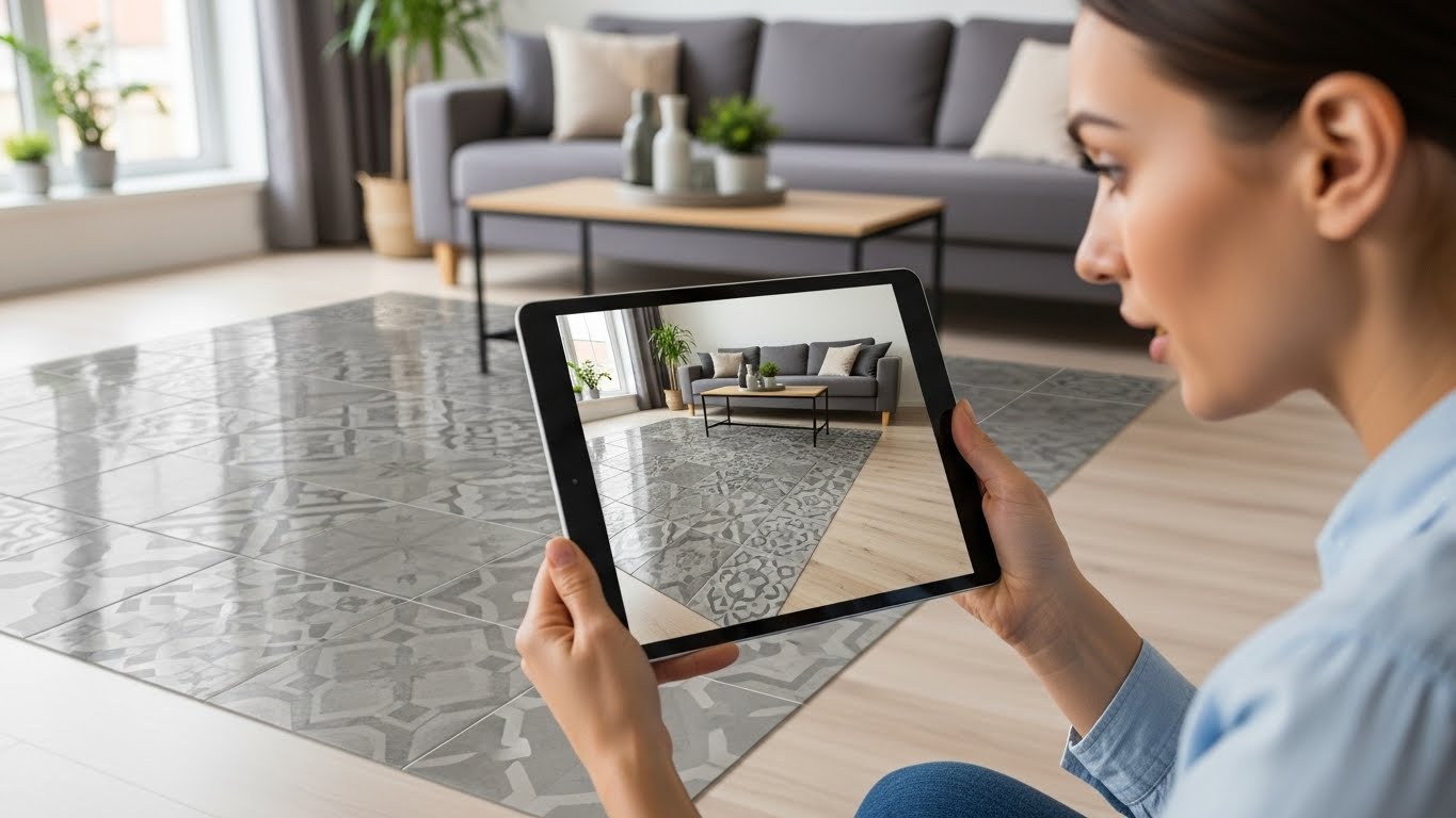 Kh&aacute;ch h&agrave;ng đang sử dụng c&ocirc;ng nghệ AR để ướm thử mẫu gạch trong ph&ograve;ng kh&aacute;ch 