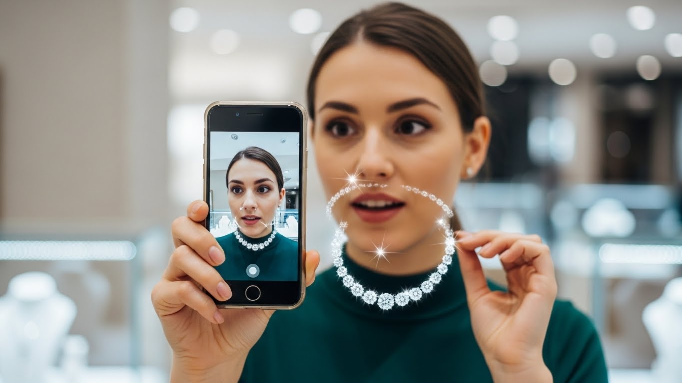 Kh&aacute;ch h&agrave;ng đang thử trang sức ảo bằng c&ocirc;ng nghệ AR tr&ecirc;n điện thoại 