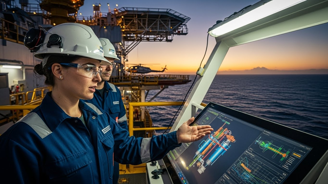 Kỹ sư dầu kh&iacute; đang l&agrave;m việc tr&ecirc;n gi&agrave;n khoan ngo&agrave;i khơi, thể hiện c&ocirc;ng nghệ hiện đại 