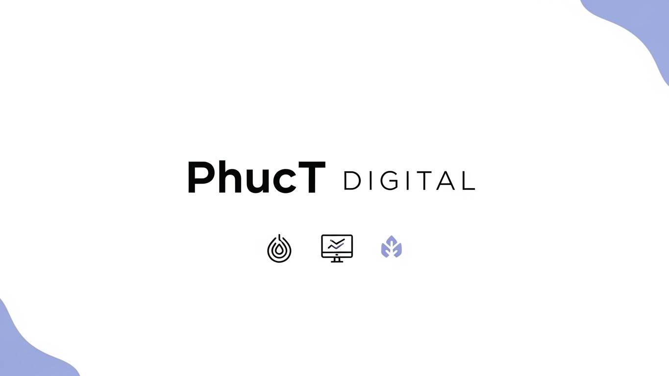 Logo của PhucT Digital với c&aacute;c biểu tượng về website, SEO v&agrave; marketing 