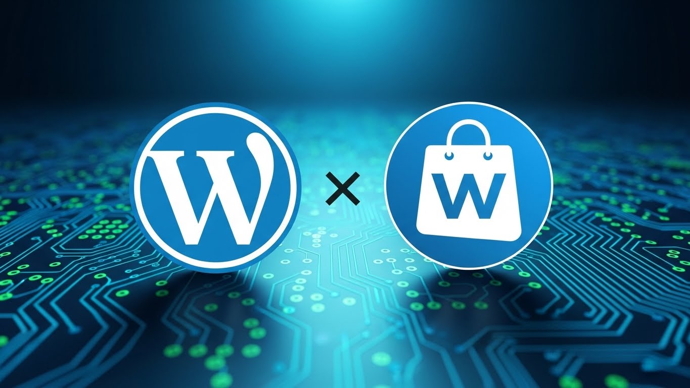 Logo của WordPress v&agrave; WooCommerce đặt cạnh nhau tr&ecirc;n nền xanh c&ocirc;ng nghệ 