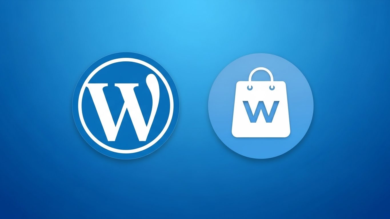 Logo của WordPress v&agrave; WooCommerce đặt cạnh nhau tr&ecirc;n nền xanh. 