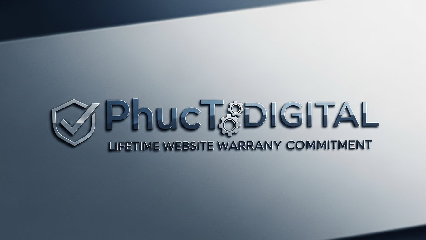 Logo PhucT Digital c&ugrave;ng cam kết bảo h&agrave;nh website trọn đời, thể hiện sự tin cậy v&agrave; chuy&ecirc;n nghiệp 