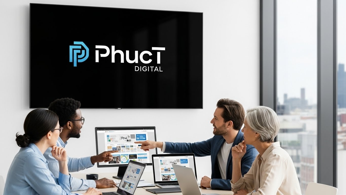 Logo PhucT Digital c&ugrave;ng đội ngũ chuy&ecirc;n gia đang tư vấn cho kh&aacute;ch h&agrave;ng về website 