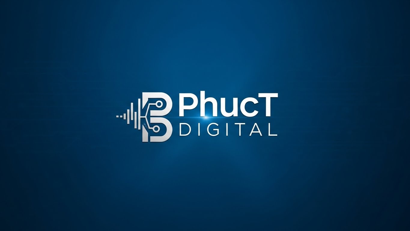Logo PhucT Digital tr&ecirc;n nền xanh c&ocirc;ng nghệ, thể hiện sự chuy&ecirc;n nghiệp v&agrave; tin cậy 