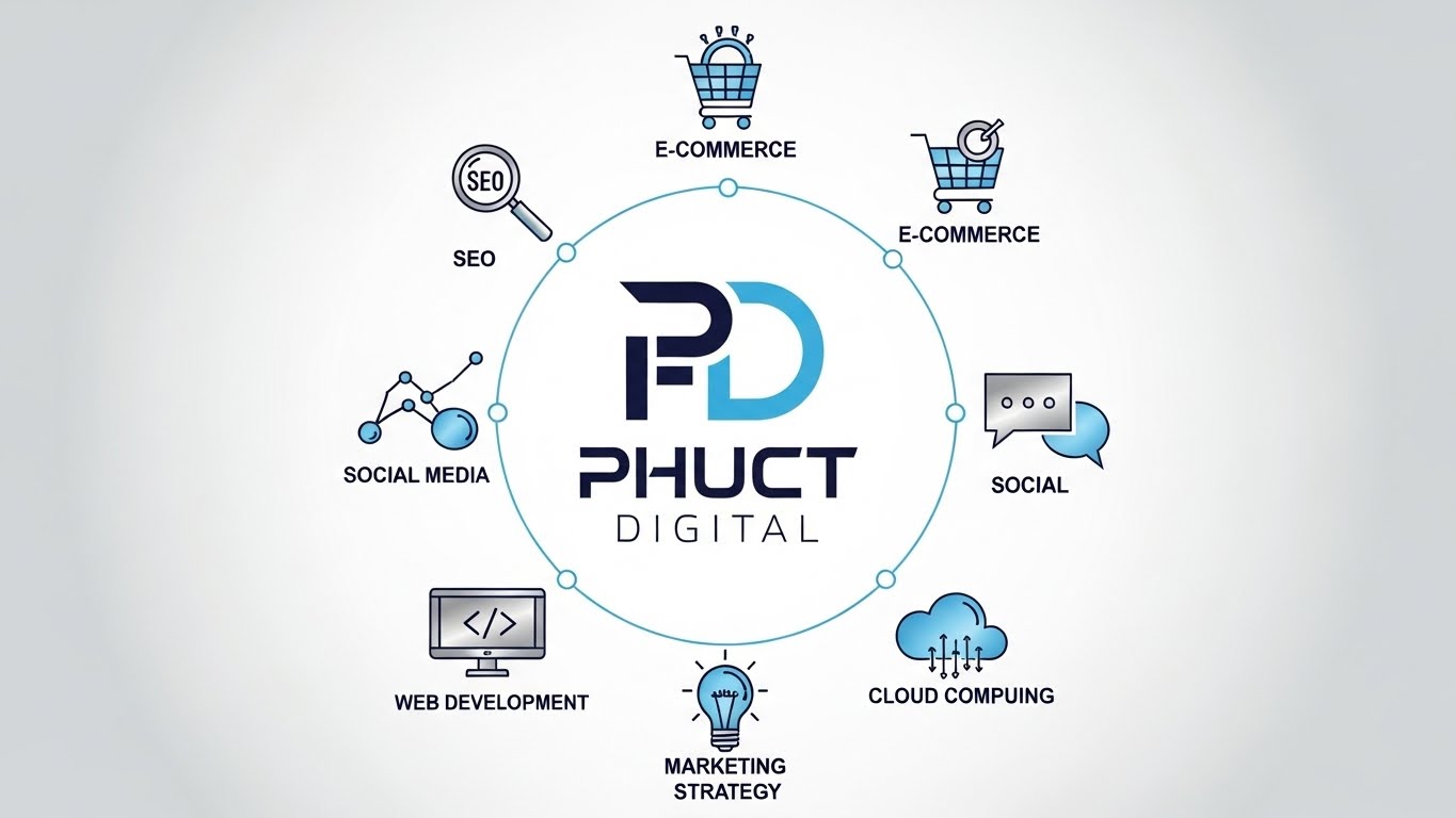 Logo PhucT Digital v&agrave; c&aacute;c biểu tượng dịch vụ xung quanh 