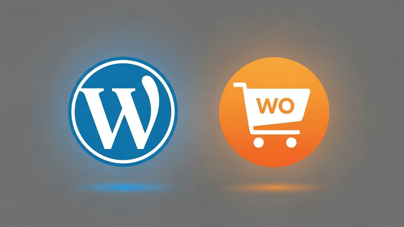 Logo WordPress v&agrave; WooCommerce đặt cạnh nhau, biểu tượng cho nền tảng website thương mại điện tử mạnh mẽ 