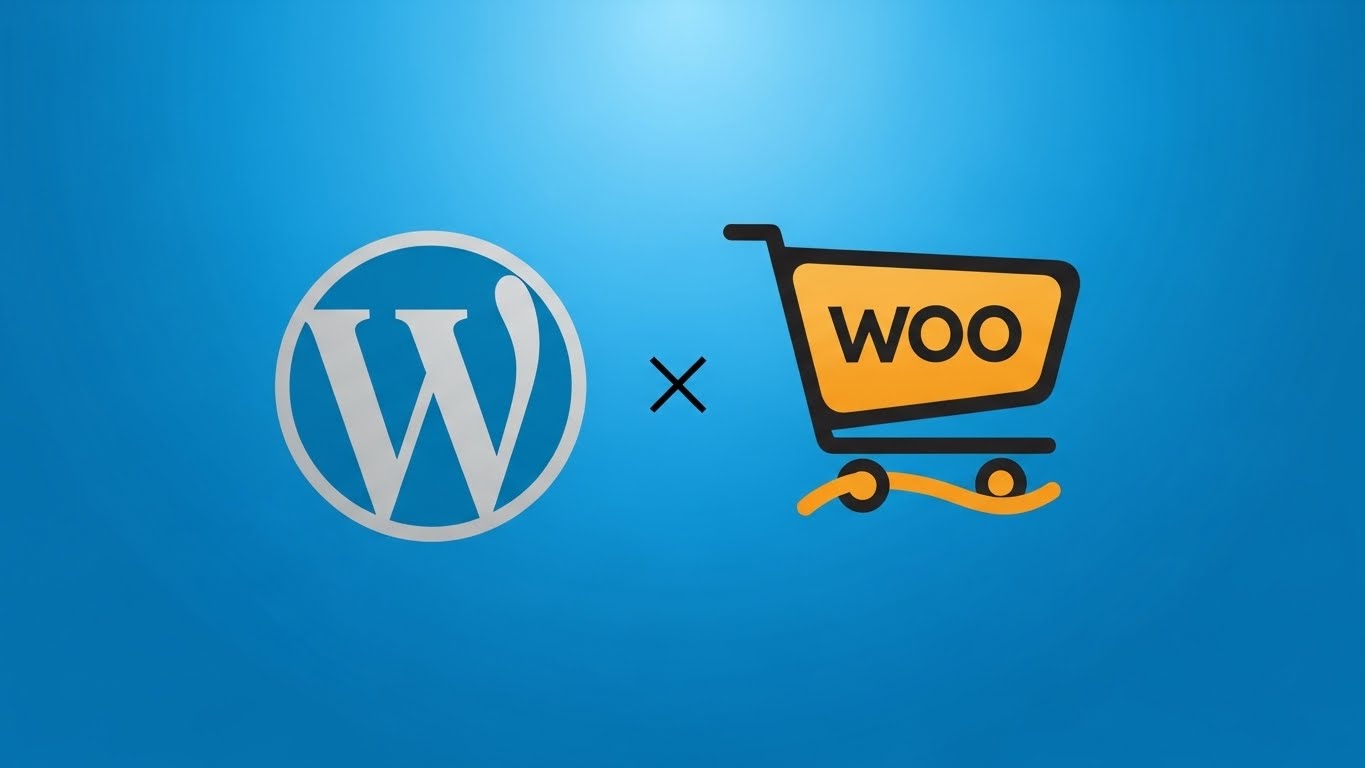 Logo WordPress và WooCommerce đặt cạnh nhau trên nền xanh công nghệ