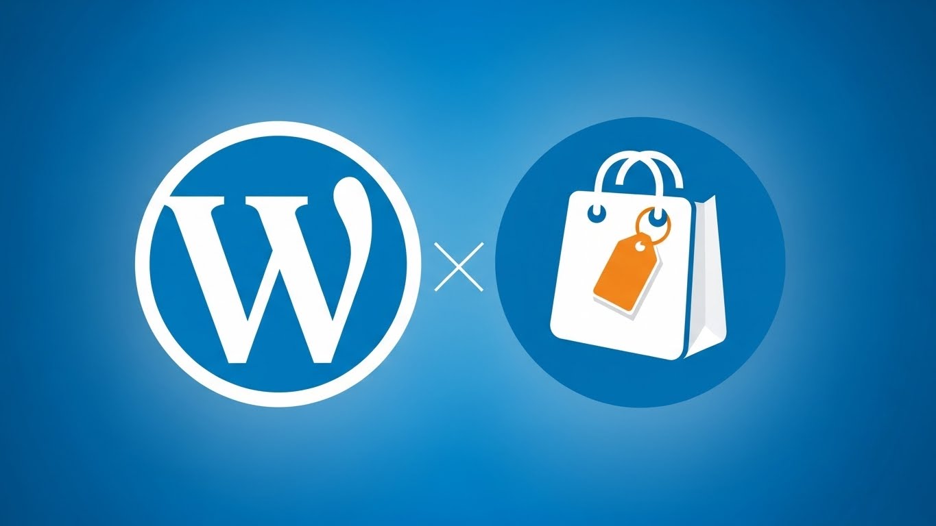 Logo WordPress v&agrave; WooCommerce đặt cạnh nhau tr&ecirc;n nền xanh c&ocirc;ng nghệ 