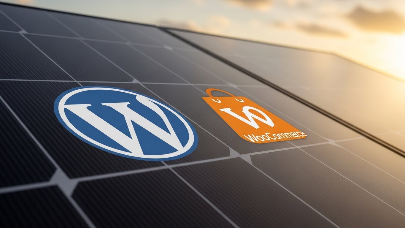 Logo WordPress v&agrave; WooCommerce đặt cạnh tấm pin năng lượng mặt trời 