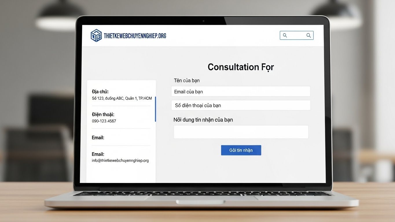 M&agrave;n h&igrave;nh laptop hiển thị trang li&ecirc;n hệ của THIETKEWEBCHUYENNGHIEP.ORG với form đăng k&yacute; tư vấn 