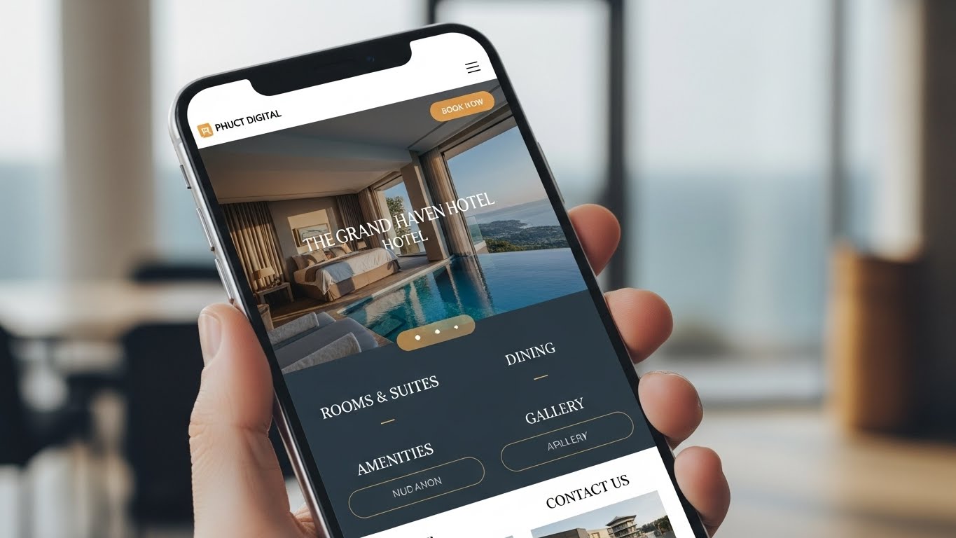 Mẫu website kh&aacute;ch sạn do PhucT Digital thiết kế, hiển thị đẹp tr&ecirc;n di động 
