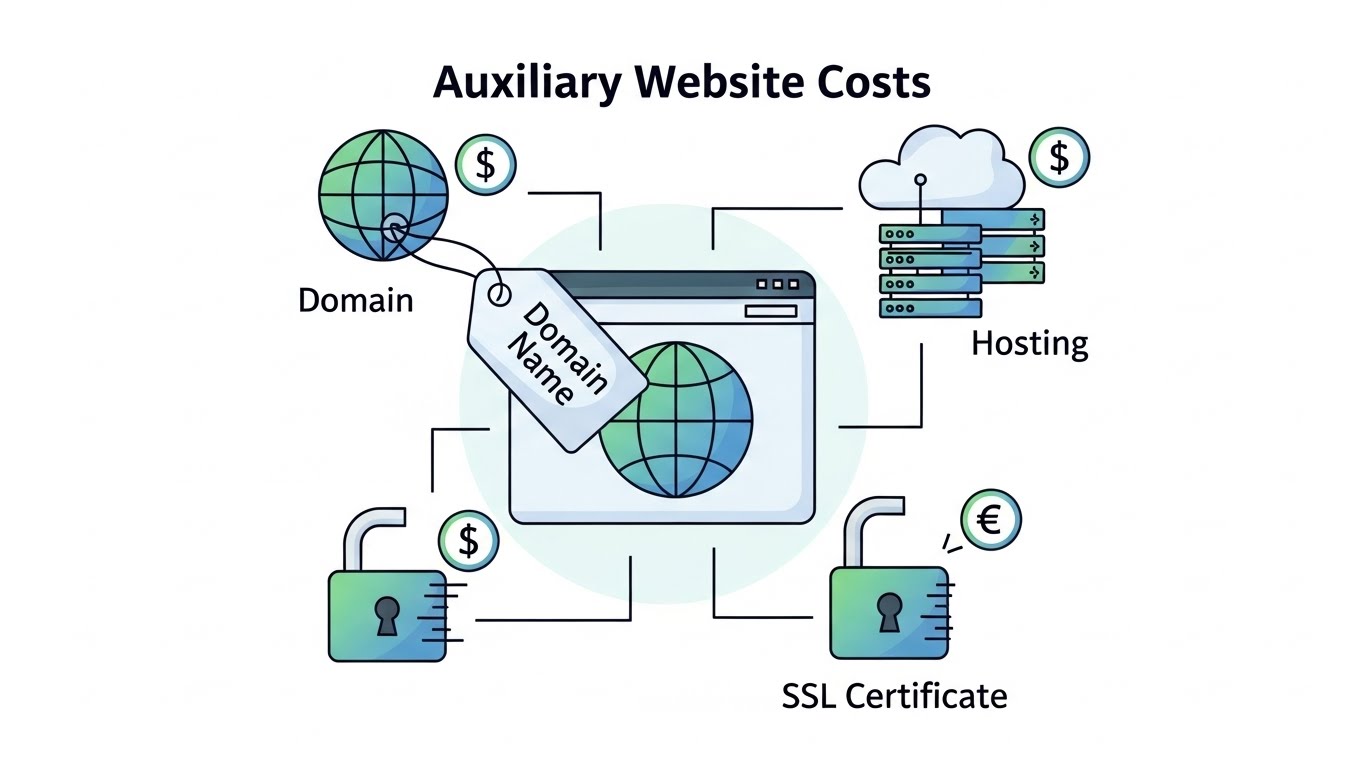 Minh họa các chi phí phụ trợ cho website như tên miền, hosting, SSL 