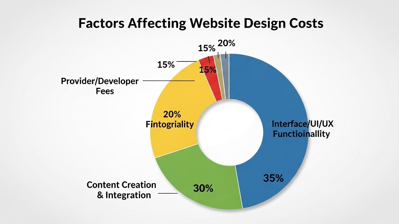Một biểu đồ tr&ograve;n thể hiện c&aacute;c yếu tố ảnh hưởng đến chi ph&iacute; thiết kế website, bao gồm giao diện, t&iacute;nh năng, nội dung v&agrave; đơn vị cung cấp 