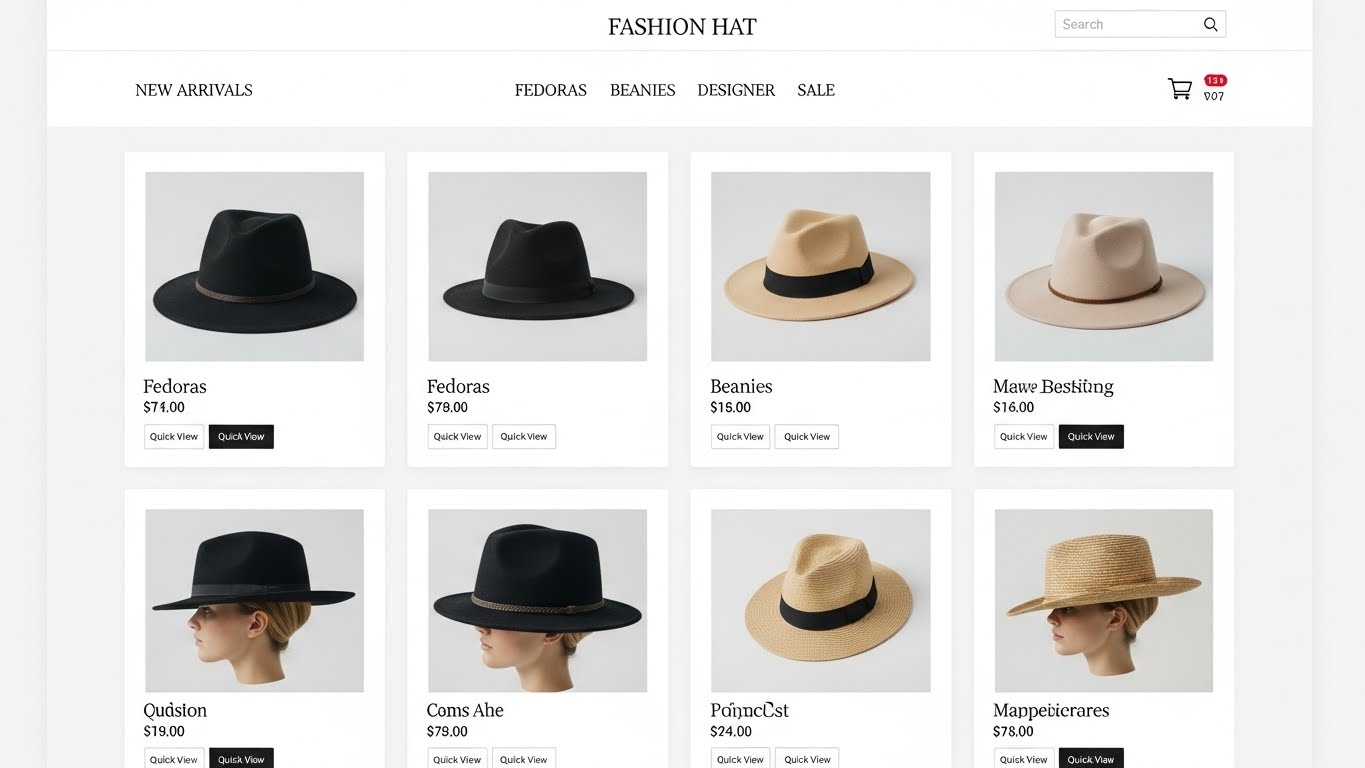 Một bộ sưu tập n&oacute;n mũ thời trang được trưng b&agrave;y tr&ecirc;n website với thiết kế tối giản 