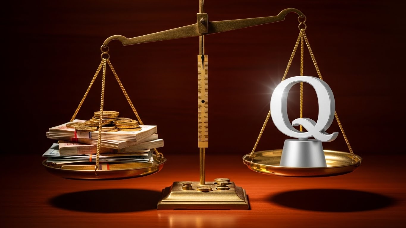 Một chiếc cân đang cân bằng giữa một bên là tiền và một bên là biểu tượng chất lượng