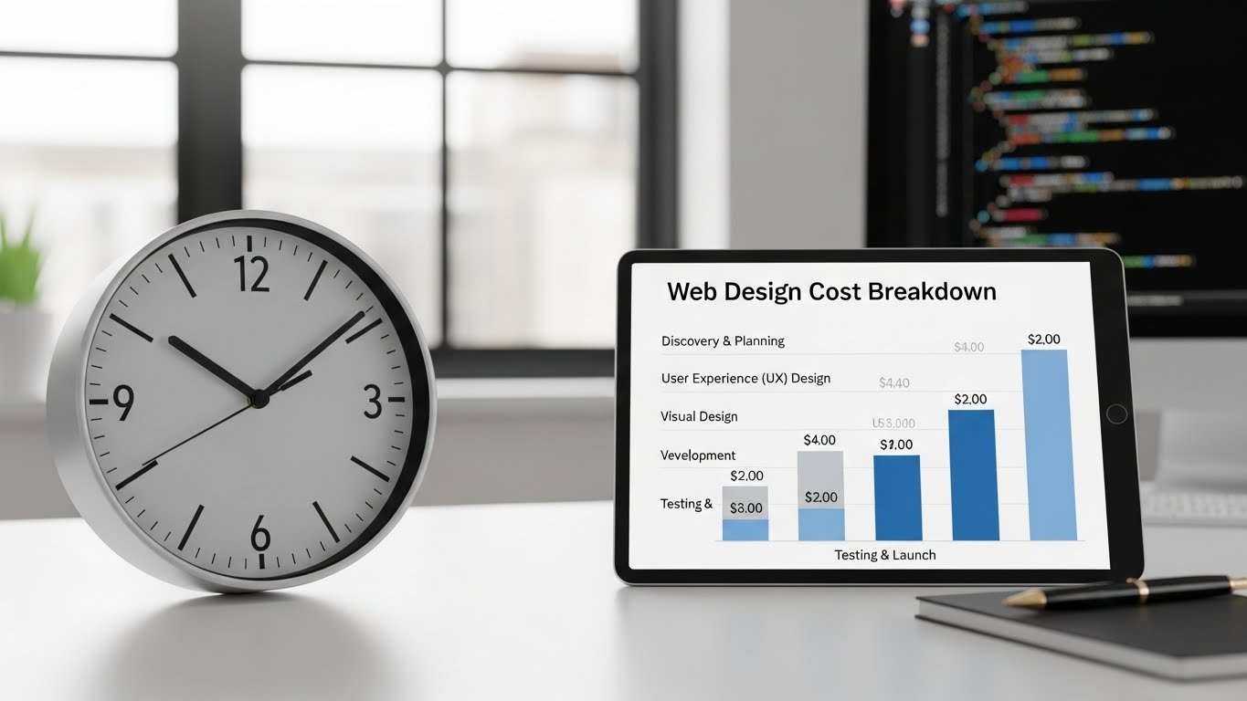 Một chiếc đồng hồ v&agrave; biểu đồ chi ph&iacute; thiết kế web 