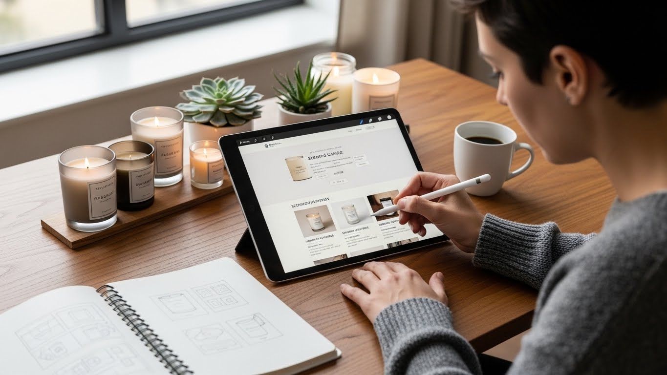 Một chuy&ecirc;n gia đang ph&aacute;c thảo giao diện website b&aacute;n nến thơm tr&ecirc;n m&aacute;y t&iacute;nh bảng. 