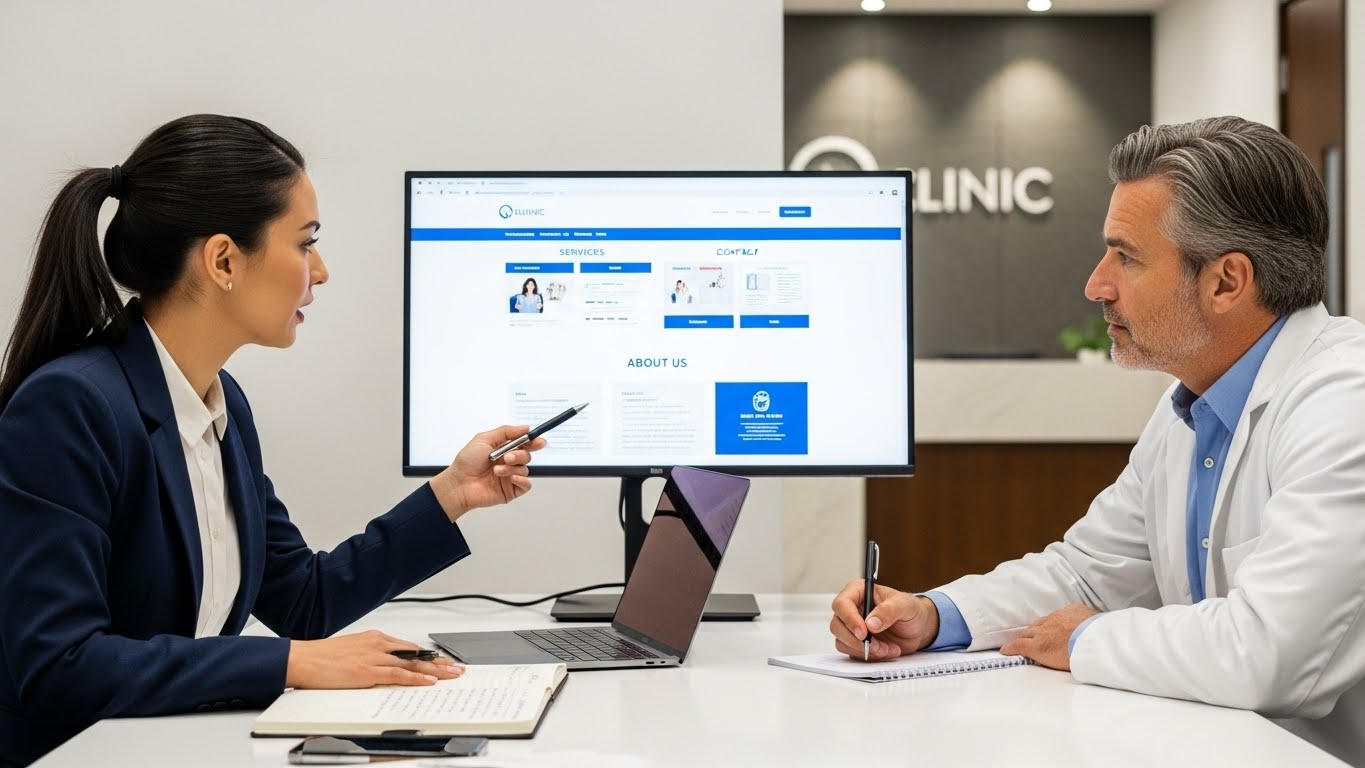 Một chuy&ecirc;n gia đang tư vấn chiến lược thiết kế website cho chủ ph&ograve;ng kh&aacute;m 