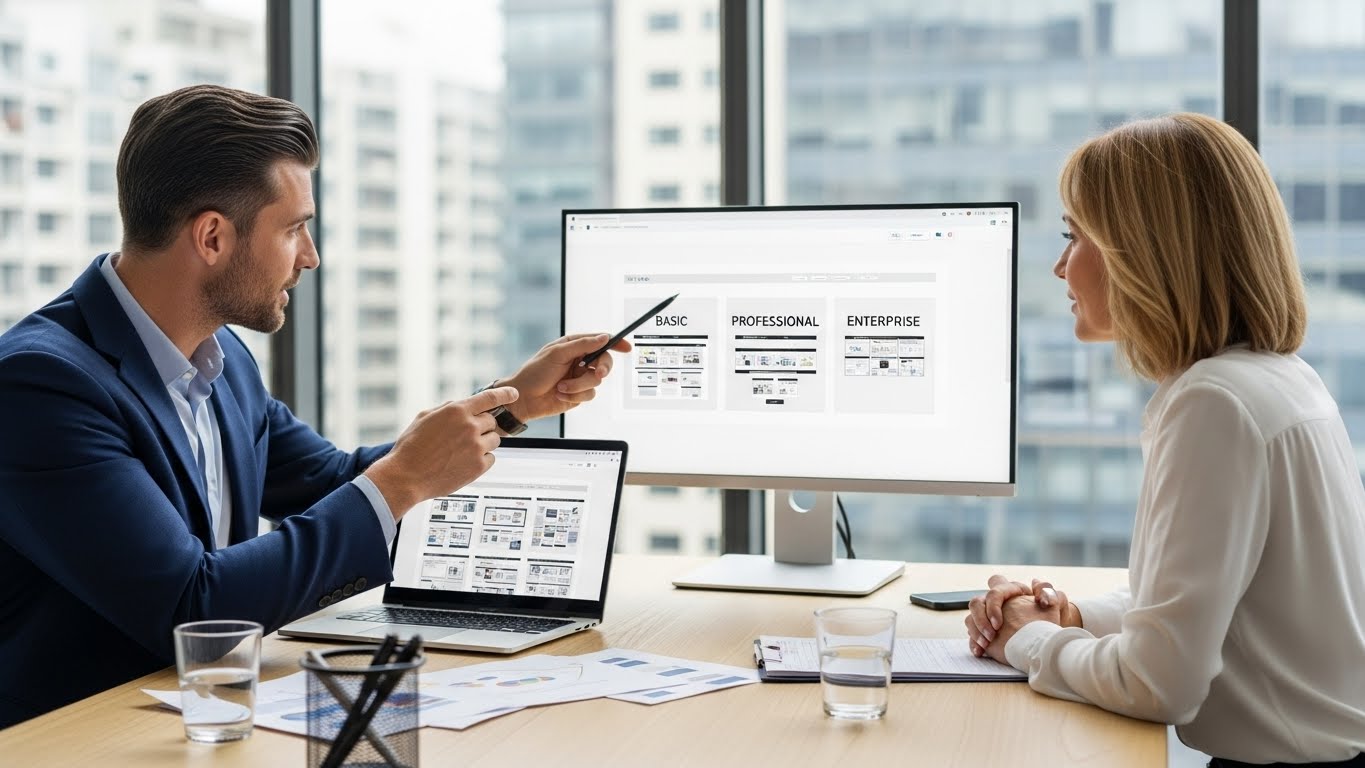 Một chuy&ecirc;n gia đang tư vấn cho kh&aacute;ch h&agrave;ng về c&aacute;c g&oacute;i thiết kế website. 