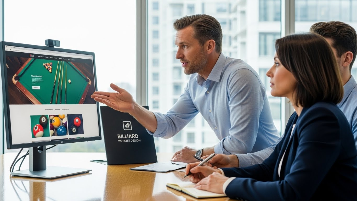 Một chuy&ecirc;n gia đang tư vấn cho kh&aacute;ch h&agrave;ng về c&aacute;c g&oacute;i thiết kế website b&aacute;n dụng cụ bida 