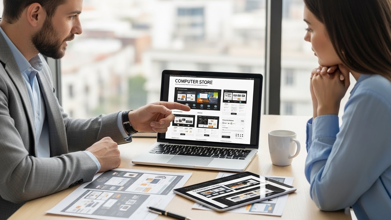 Một chuy&ecirc;n gia đang tư vấn cho kh&aacute;ch h&agrave;ng về c&aacute;c g&oacute;i thiết kế website b&aacute;n m&aacute;y t&iacute;nh 