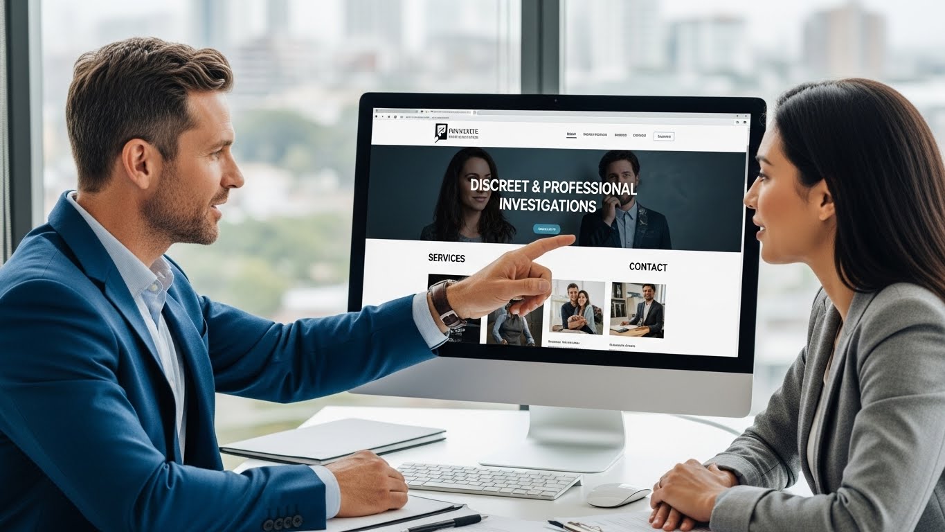 Một chuy&ecirc;n gia đang tư vấn cho kh&aacute;ch h&agrave;ng về giải ph&aacute;p thiết kế website th&aacute;m tử tr&ecirc;n m&aacute;y t&iacute;nh. 