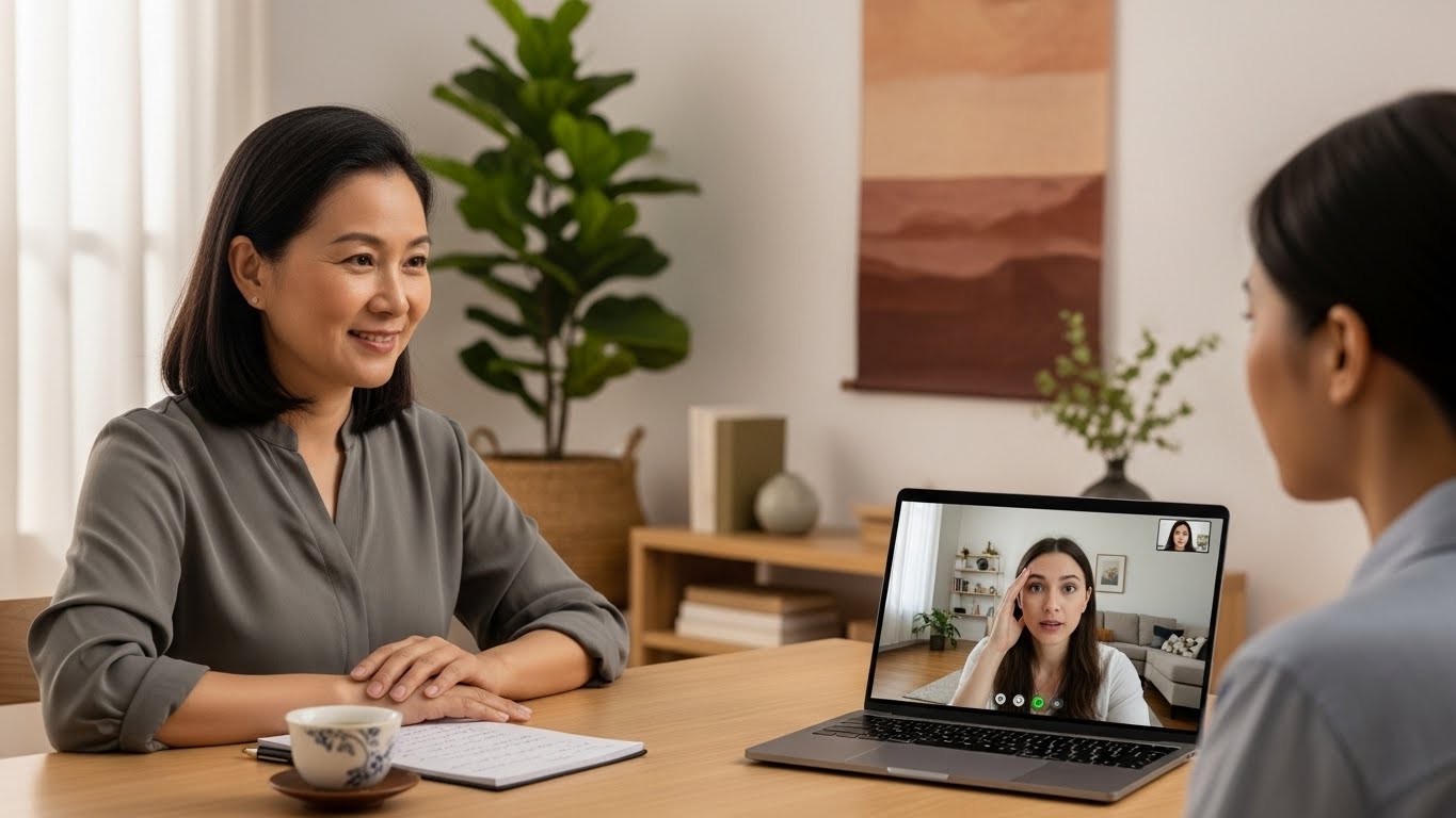 Một chuy&ecirc;n gia phong thủy đang tư vấn cho kh&aacute;ch h&agrave;ng qua m&agrave;n h&igrave;nh laptop. 