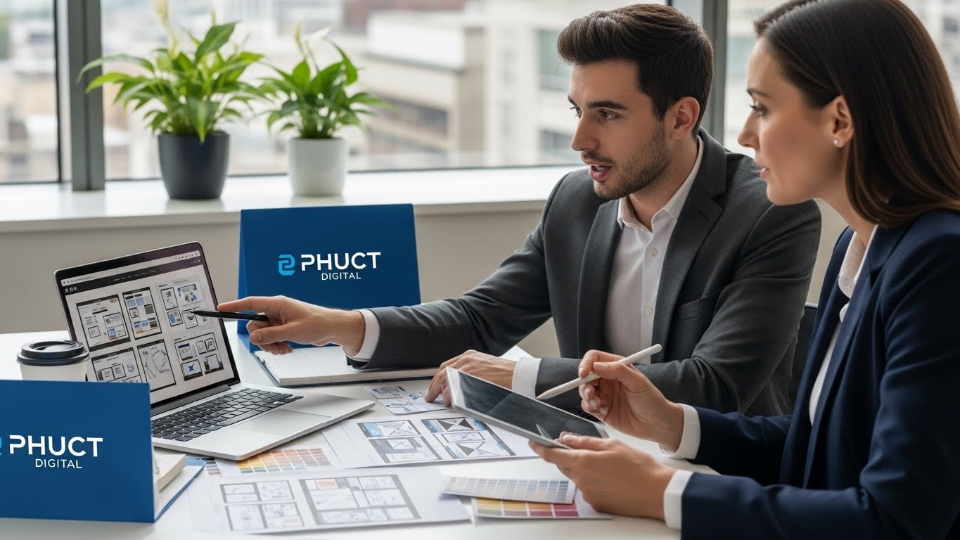 Một chuy&ecirc;n vi&ecirc;n tư vấn của PhucT Digital đang tư vấn cho kh&aacute;ch h&agrave;ng về giải ph&aacute;p thiết kế website 