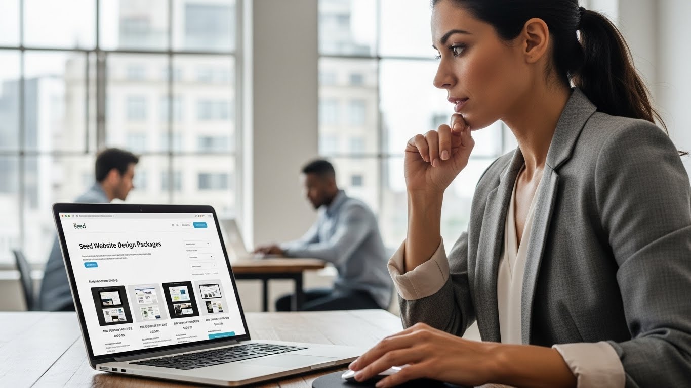 Một doanh nhân đang xem xét các gói thiết kế website hạt giống trên màn hình.