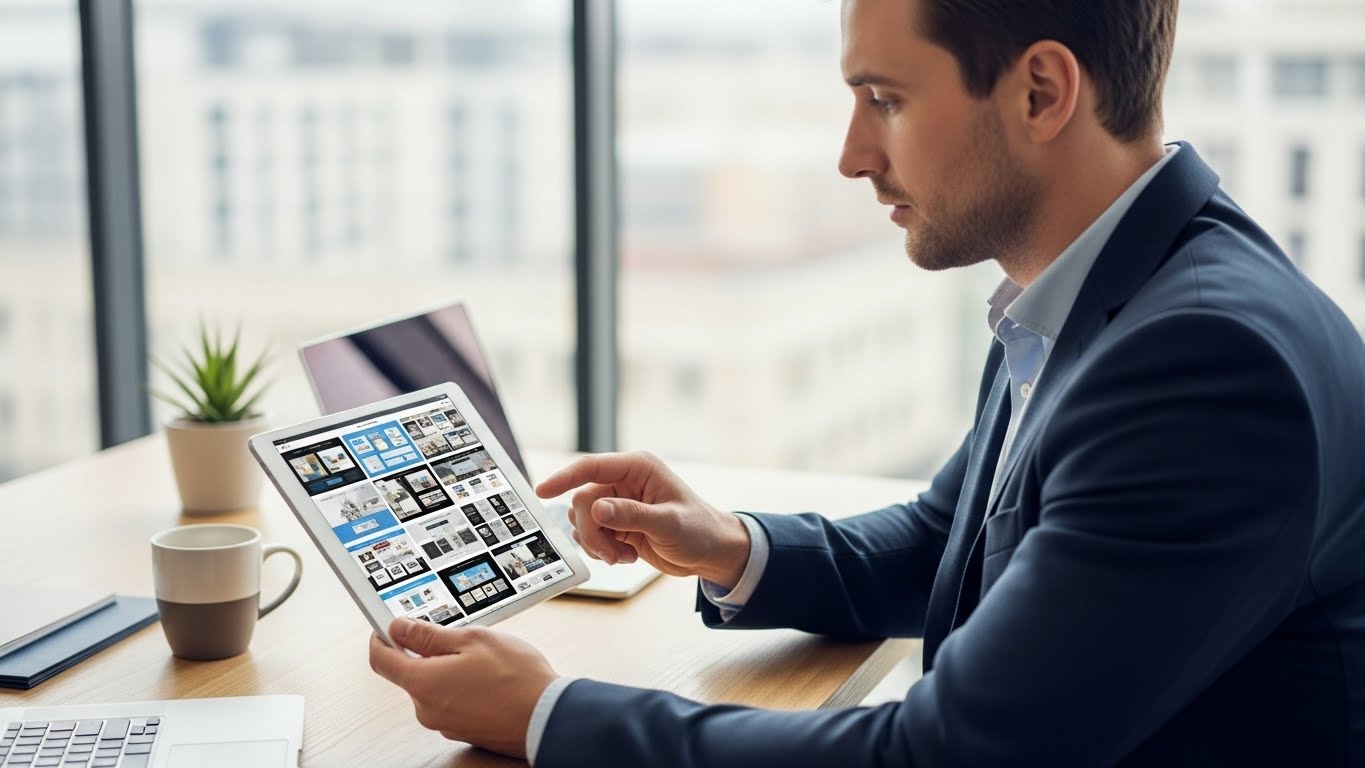 Một doanh nh&acirc;n đang xem x&eacute;t c&aacute;c mẫu giao diện website tr&ecirc;n m&aacute;y t&iacute;nh bảng. 