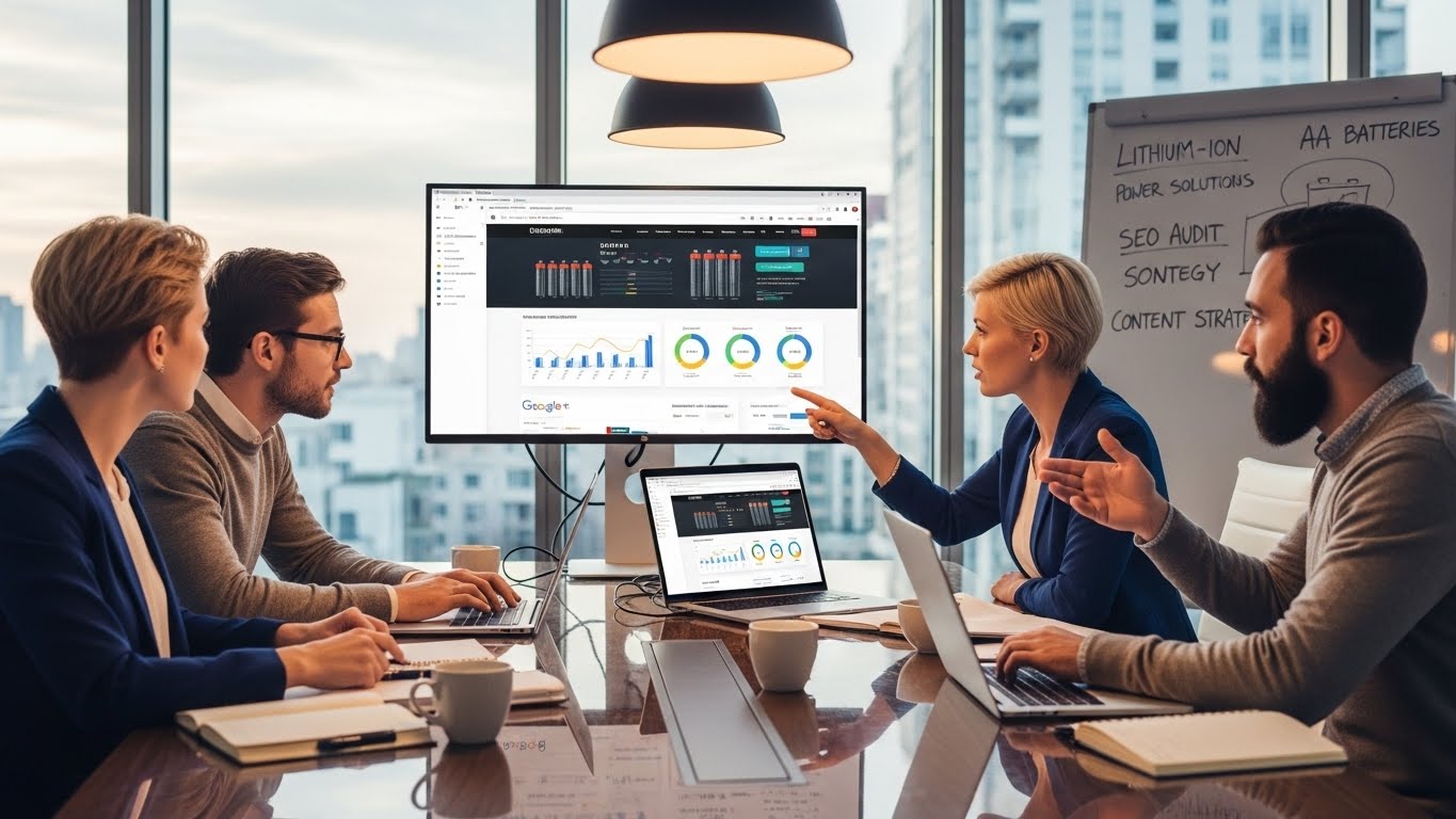 Một đội ngũ chuy&ecirc;n gia đang thảo luận về chiến lược SEO cho website b&aacute;n ắc quy. 