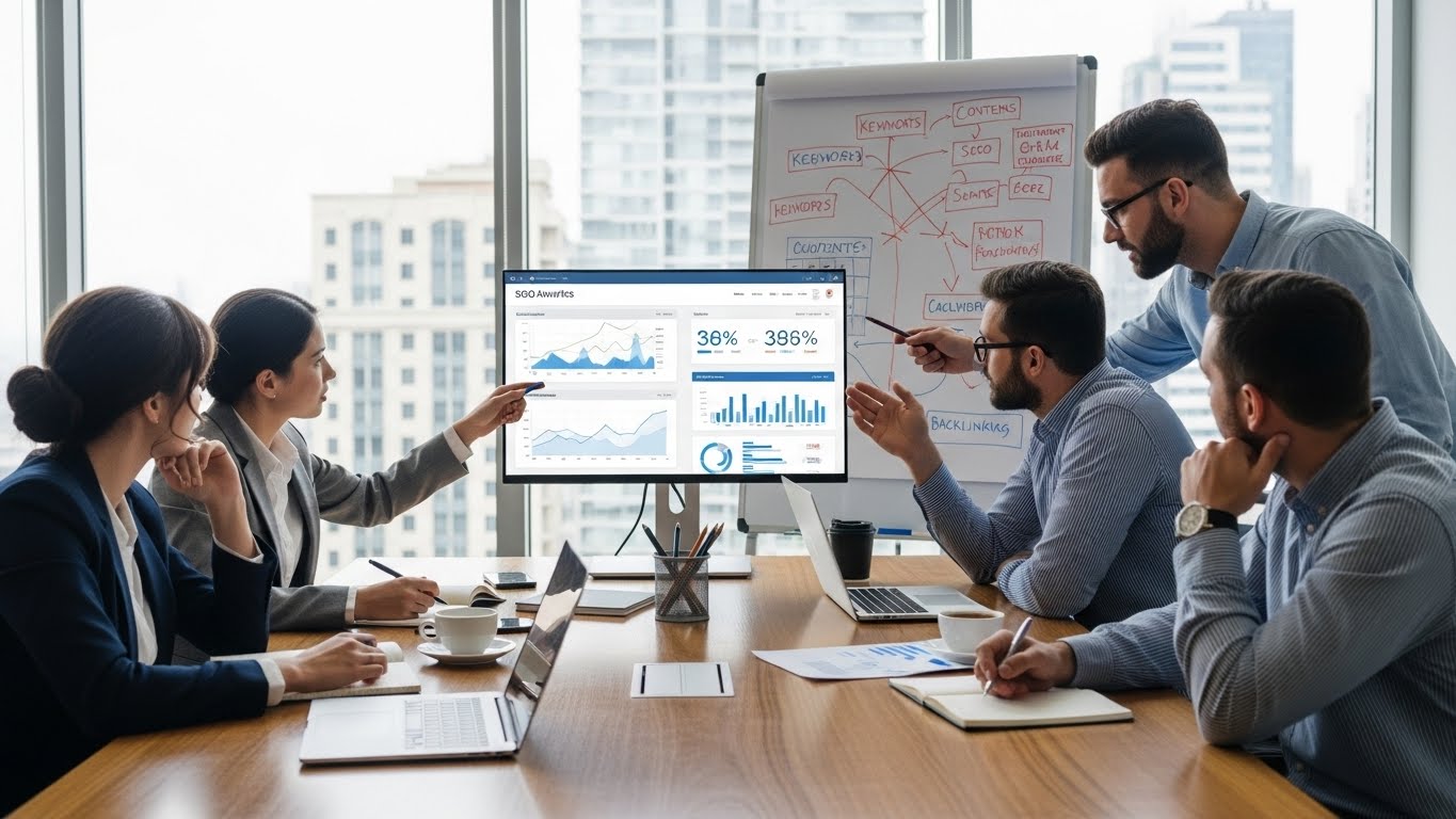 Một đội ngũ chuy&ecirc;n gia đang thảo luận về chiến lược SEO cho website c&ocirc;ng ty. 